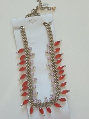 LOFT Gold-Tone Necklace with Red and Light Pink Stones